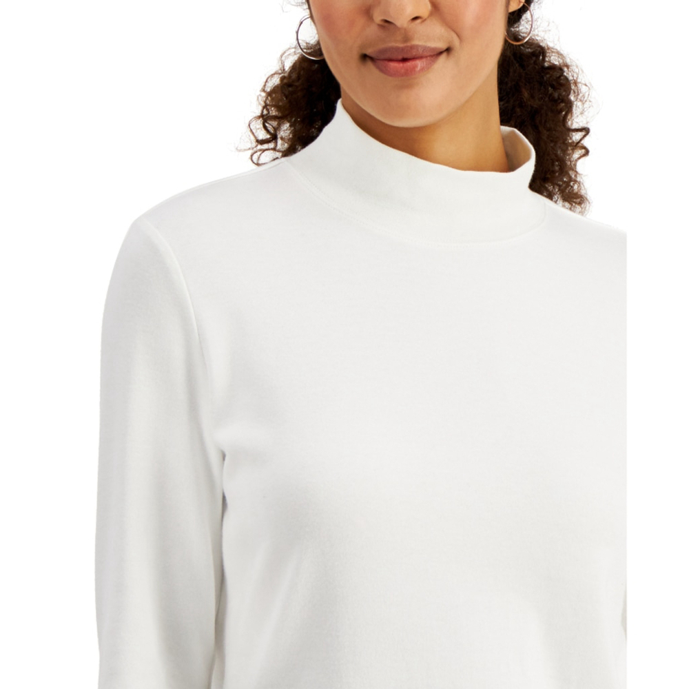 Karen Scott Petite White 100% Cotton Solid Mock-Neck Long Sleeved Top NWT - Picture 3 of 6